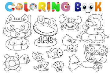 Coloring book with group of funny animals play in water
