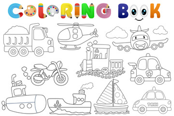 Coloring book with transportations cartoon