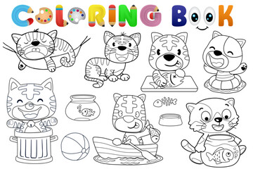 Coloring book with group of funny cat cartoon in its activities