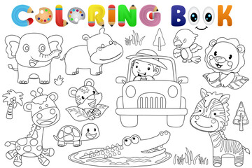 Coloring book safari animals cartoon with boy on safari car