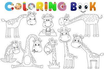 Coloring book with group of funny giraffe cartoon