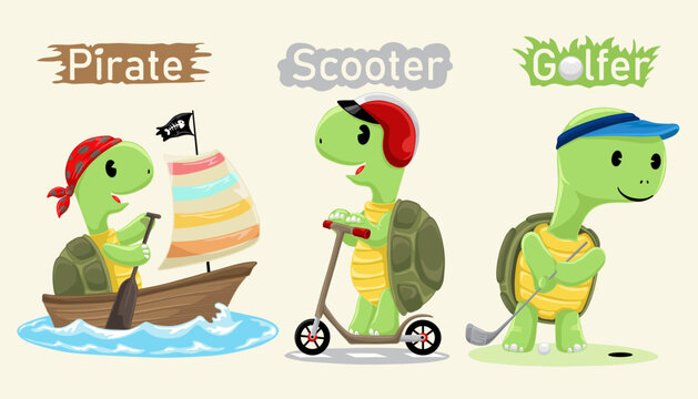 Set of hand drawn funny turtles, sailing, riding scooter and playing golf.