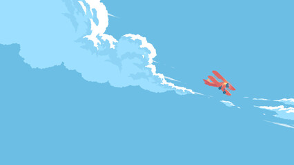 vector illustration of the clouds image with a biplane flying in the blue sky - obrazy, fototapety, plakaty