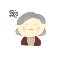 水彩画　モヤモヤと悩むおばあちゃん　手描きイラスト素材