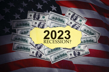 2023 recession text with American flag background