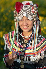 Hill tribe Asian woman in traditional clothes collecting Chrysanthemum with basket in tea plantations terrace, Chiang mai, Thailand collect Chrysanthemum