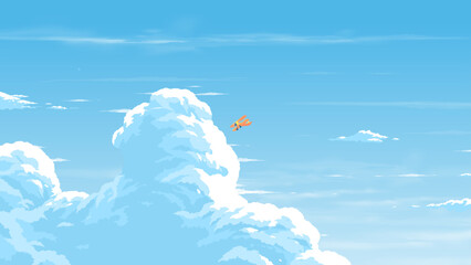 vector illustration of the cumulonimbus clouds image with a biplane flying in the blue sky - obrazy, fototapety, plakaty