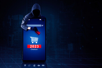Man hacking shopping online app with 2023 number