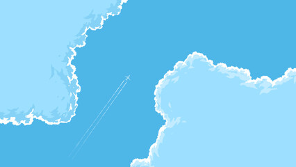 vector illustration of an airplane flying through between 2 clouds in the sky