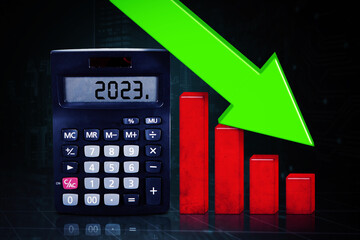 2023 number on calculator with declining arrow