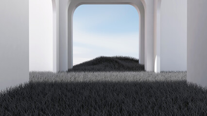 Meadow in the room. 3D illustration, 3D rendering
