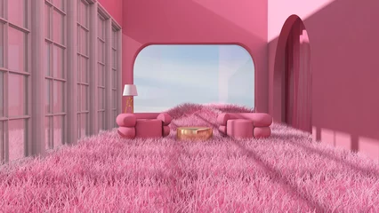 Fotobehang Fluor Roze Meadow in the room. 3D illustration, 3D rendering  © wichuda