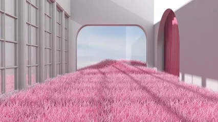 Fotobehang Fluor Roze Meadow in the room. 3D illustration, 3D rendering    © wichuda