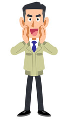 大声で呼びかける工務店の男性
