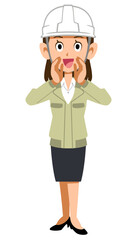 大声で呼びかけるヘルメットを被った工務店の女性
