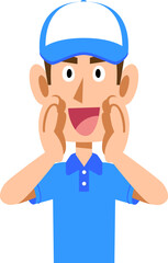 呼びかける半袖のポロシャツ姿で帽子をかぶった男性スタッフ
