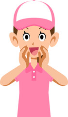 Print呼びかけるピンク色の半袖のポロシャツ姿で帽子をかぶった女性スタッフ
