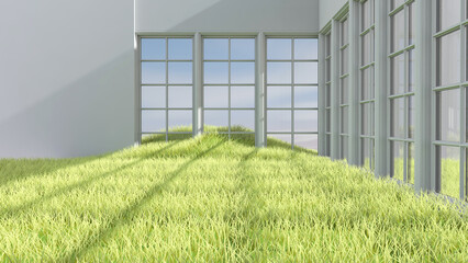 Meadow in the room. 3D illustration, 3D rendering	