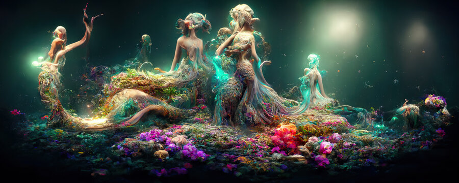 Beautiful shapes of mermaids at the bottom of the enchanted sea. 3D Illustration Rendering. AI generated image