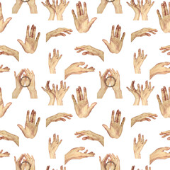 Seamless pattern watercolor composition outstretched hands with wreath of willow branches on white background. Hand-drawn gesture of help kindness for invite. Boho art for magic wedding celebration