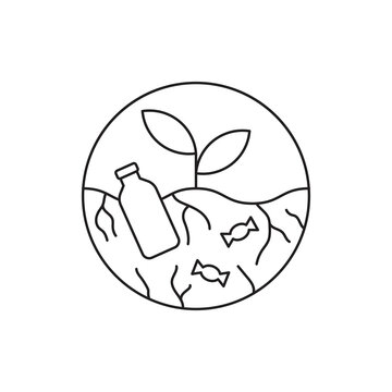 Soil pollution icon. Burried toxic plastic contaminating ground line pictogram. Concept of land degradation. vector illustration