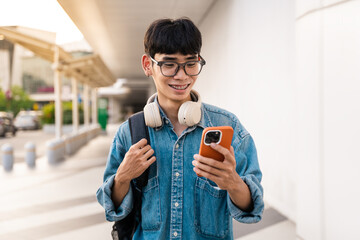 A picture of an Asian male student using a mobile phone - obrazy, fototapety, plakaty
