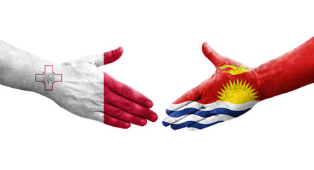 Handshake between Malta and Kiribati flags painted on hands, isolated transparent image.