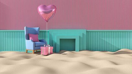 Desert in the room. 3D illustration, 3D rendering	

