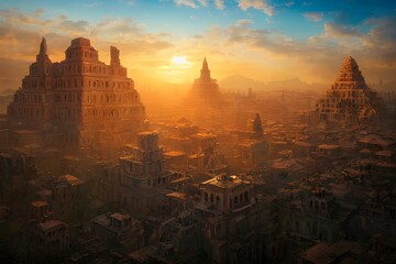 Fototapeta premium Sun rises on an ancient, powerful city..