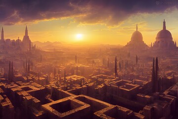 Naklejka premium Sun rises on an ancient, powerful city..
