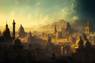 Obraz na płótnie Canvas Sun rises on an ancient, powerful city..