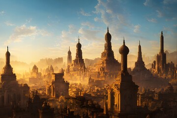 Fototapeta na wymiar Sun rises on an ancient, powerful city..