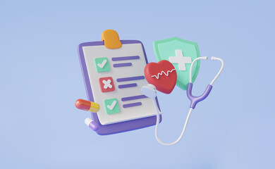 Minimal cartoon stethoscope healthcare checkmark with clipboard paper health checkup heartbeat medical doctor concept. diagnosis protection insurance report information service. 3d render illustration
