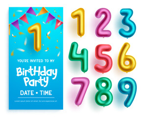 Birthday invitation kit vector design. Birthday number balloons set collection isolated in white background for editable birth day party card. Vector illustration.

