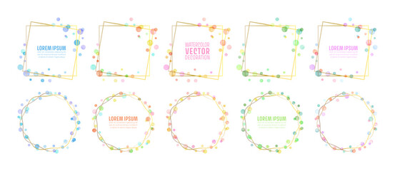 Watercolor dots frames with gold lines