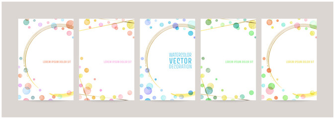colorful watercolor bubbles, gold lines. card design template