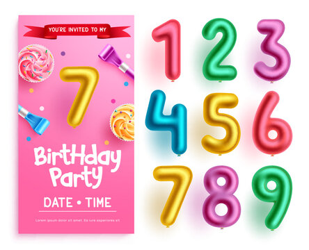 Birthday Numbers Vector Set Design. Birthday Invitation Kit With Editable Age Number Balloons Isolated In White Background For Party Collection. Vector Illustration.
