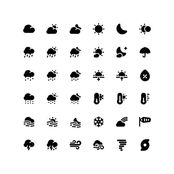 Cute weather solid glyph icon set with the forecast related icons