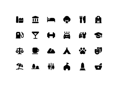 Cute map pointer solid glyph icon set with places related icons