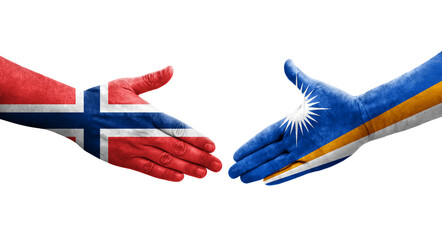 Handshake between Marshall Islands and Norway flags painted on hands, isolated transparent image.