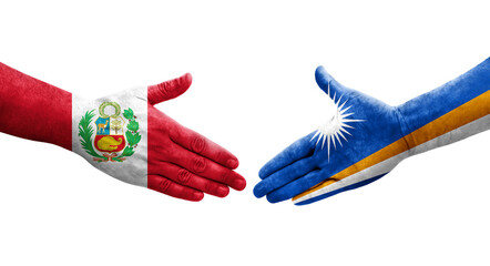 Handshake between Marshall Islands and Peru flags painted on hands, isolated transparent image.