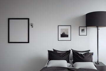 Mock up poster frame in bedroom, Scandinavian style, 3d render