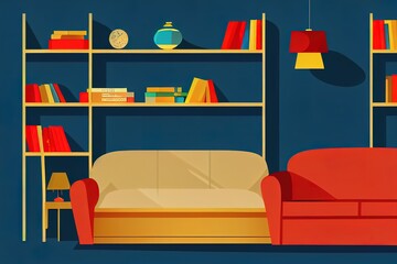 2d style cozy room interior with bookcase, couch and armchair.