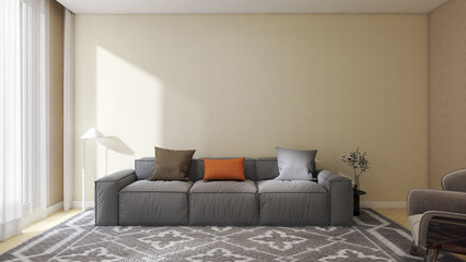 Modern living room with sofa on ceramic floor, pastel wall with large window. 3D rendering