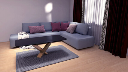 Simple and modern living room with sofa and red curtain. 3D rendering