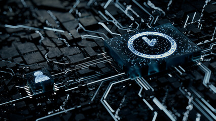 Time Technology Concept with clock symbol on a Microchip. White Neon Data flows between the CPU and the User across a Futuristic Motherboard. 3D render.