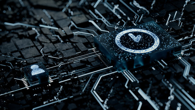 Time Technology Concept with clock symbol on a Microchip. White Neon Data flows between the CPU and the User across a Futuristic Motherboard. 3D render.
