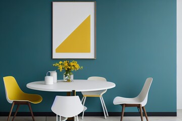 Minimal, modern dining room in interior with a table and contrasting white and yellow chairs around it, against blue wall with a mockup poster