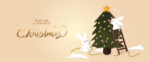 Happy Chinese new year 2023 background vector. Year of rabbit design with luxury gold Chinese fonts, rabbits, gradient, dot pattern. Elegant oriental illustration for cover, banner, website, decor.