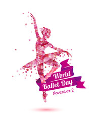 World Ballet Day. November 2. Vector banner with ballerina silhouette of pink rose petals - obrazy, fototapety, plakaty